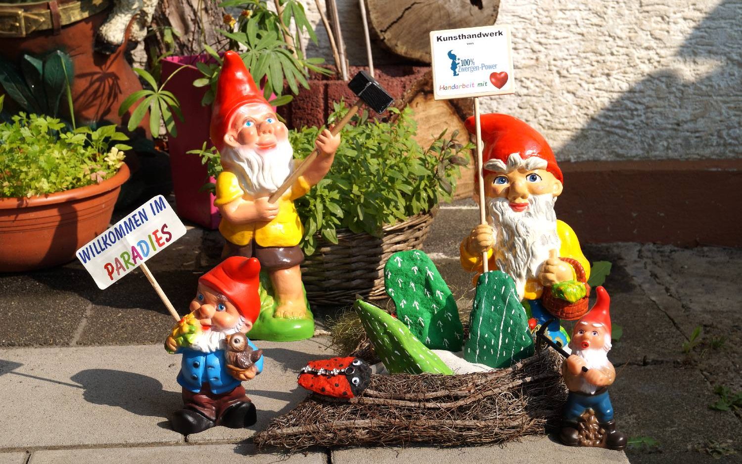 Verschiedene Gartenzwerge stehen um eine Pflanze, halten Schilder und wirken fröhlich.
